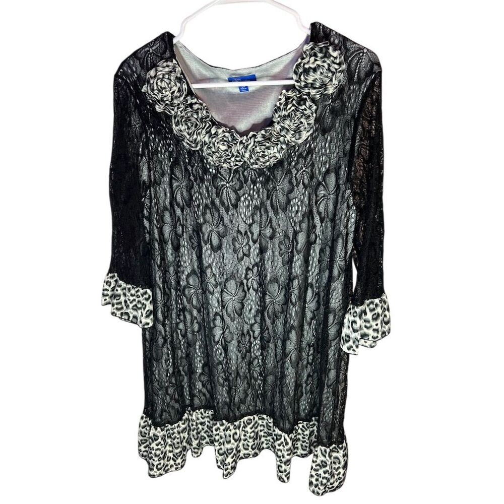 Aster Women's 2XL Black Lace Tunic 3/4 Sleeve Animal Print
